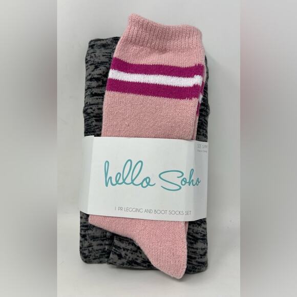 HELLO SOHO- 2 SETS Small Leggings & Boot Sock Black & Gray And Gray & Pink Set - Picture 3 of 4